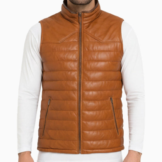 Men's Quilted Tan Brown Moto Leather Vest