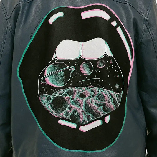 Men's Blue Quilted Trucker Leather Jacket with Hand Painted Art