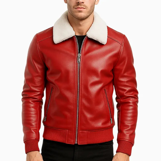 Men’s Red Real Leather Bomber Jacket with Shearling Collar