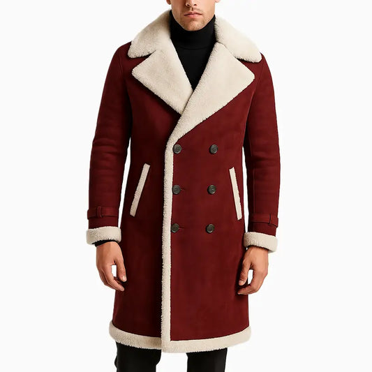 Men's Red Suede Leather Sheepskin Long Coat