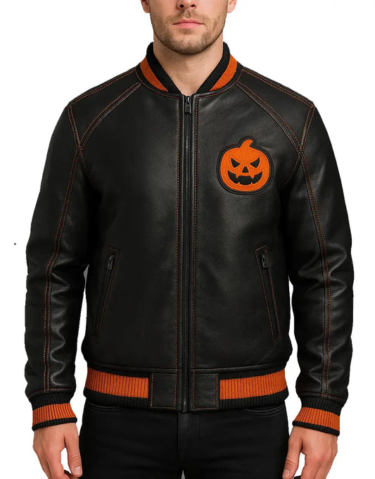 Men’s Black & Orange Halloween Bomber Jacket With Embroidery Pumpkin Patch