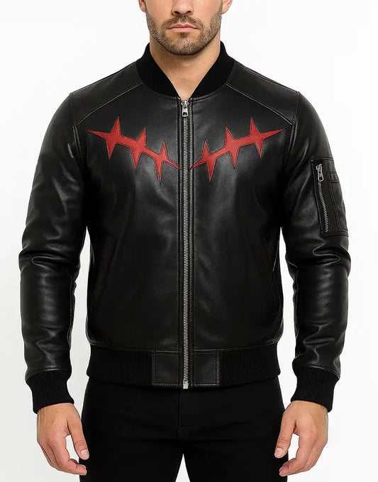 Mens Horror Skull Embroidery Patch Leather Bomber Jacket