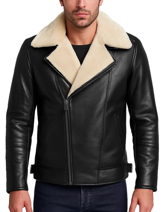 Moto Style Genuine Leather Black Shearling Jacket For Men