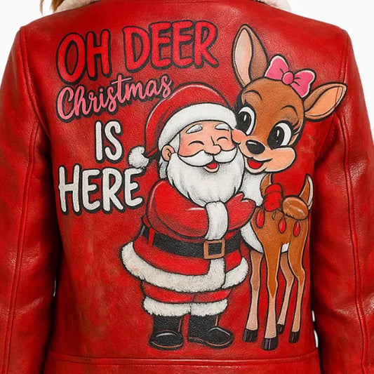 Oh Deer Christmas Hand Painted Women’s Leather Jacket