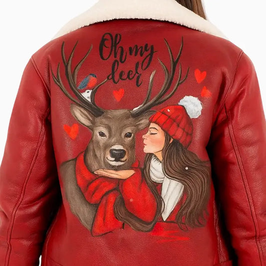 Oh My Deer Xmas Hand Painted Red Leather Jacket