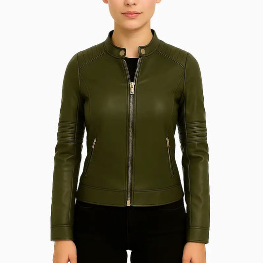 Olive Green Cafe Racer Leather Jacket with Santa Embroidery
