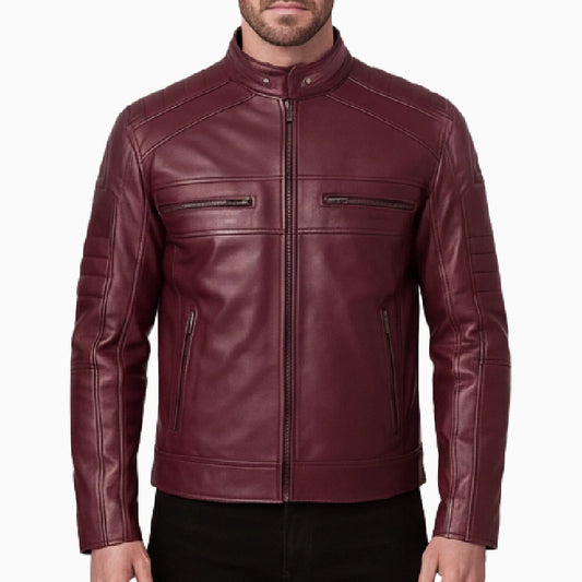 QuiltedDetailingBurgundyLeatherJacketForMen