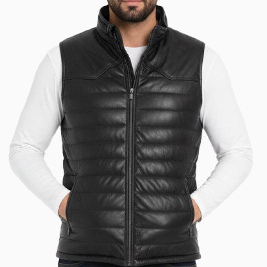 Quilted Style Puffer Black Leather Vest For Men