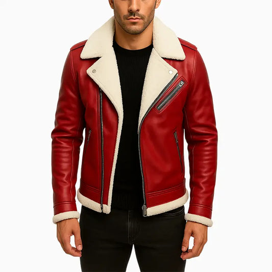 Red Asymmetrical Biker Style Leather Jacket for Men