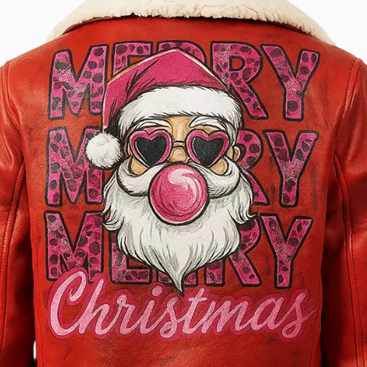 Red Asymmetrical Shearling Xmas Style Hand Painted Jacket