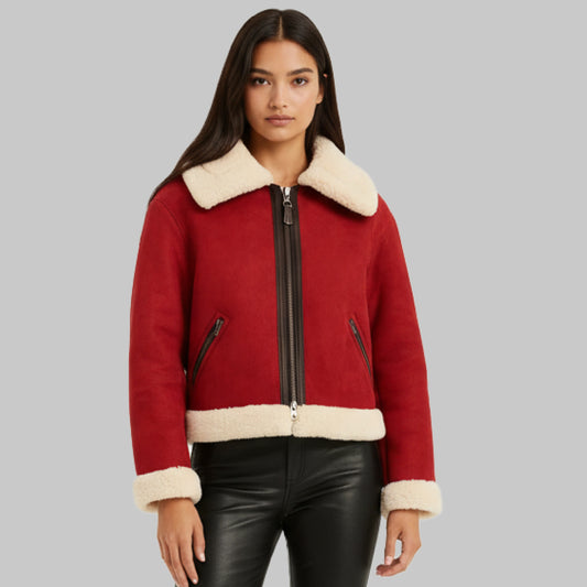 RedAviatorSuedewithShearlingLeatherJacketforWomen