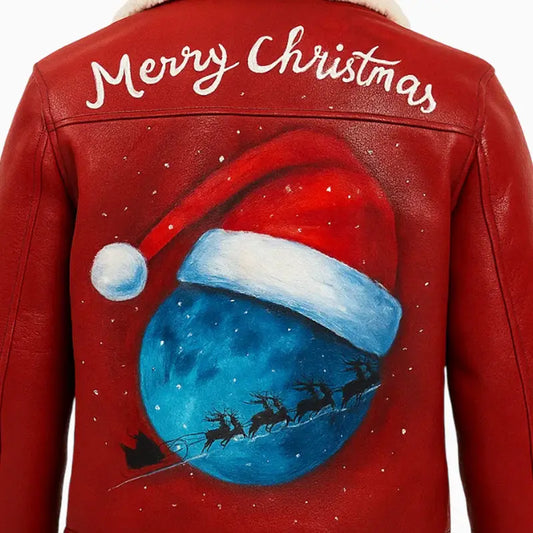 Red Hand Painted Quilted Leather Jacket for Men