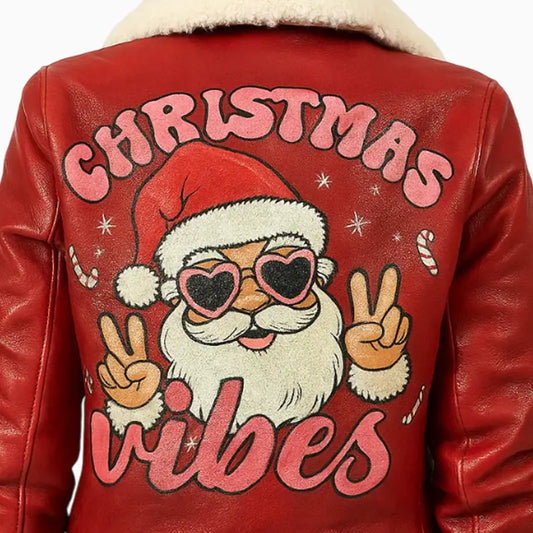 Red Hand Painted Xmas Vibes Biker Leather Jacket for Women
