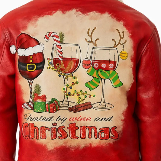 Red Hand Painted Xmas Wines Leather Jacket