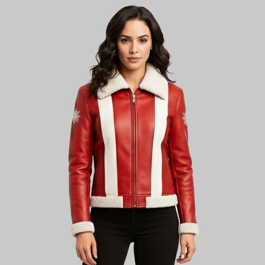 RedLeatherJacketwithShearlingCollarandSleevesEmbroidery