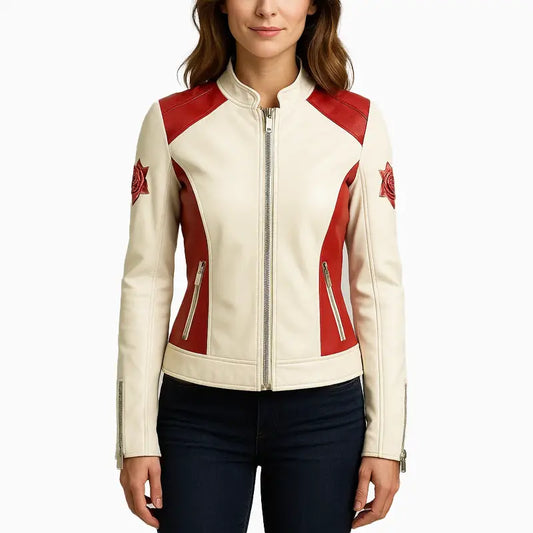 Red Quilted Cafe Racer Leather Jacket with Reindeer Embroidery