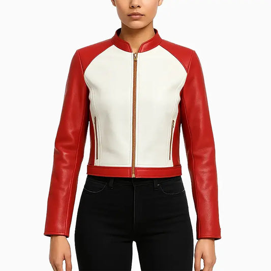 Red and White Cropped Cafe Racer Leather Jacket
