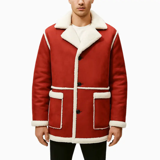 Red and White Men’s Sheepskin Suede Leather Jacket