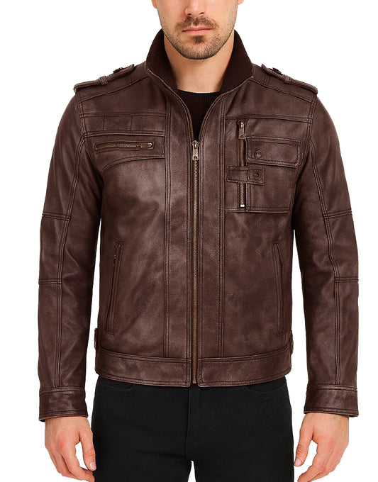 Rib-Knit Style Leather Distressed Brown Biker Jacket For Men