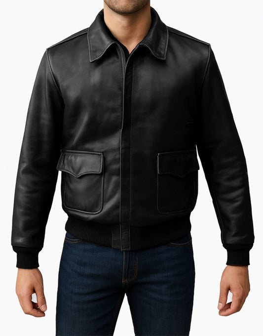 Rib-Knitted Style Real Leather Black A2 Jacket For Men