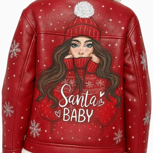 Santa Baby Red Hand Painted Leather Jacket for Women
