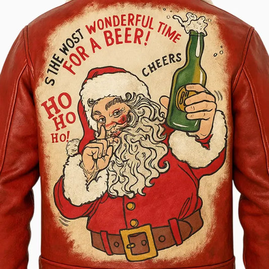 Santa’s Beer and Cheers Hand Painted Red Leather Jacket