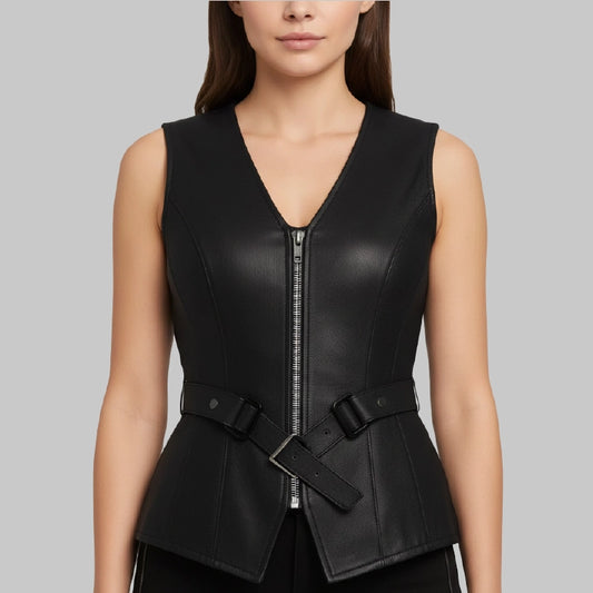 SatinLiningClassicBlackLeatherVestForWomenFront