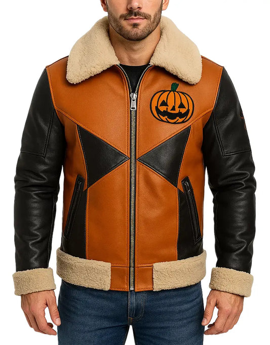 Scary Face Embroidered Pumpkin Patch Leather Jacket For Men