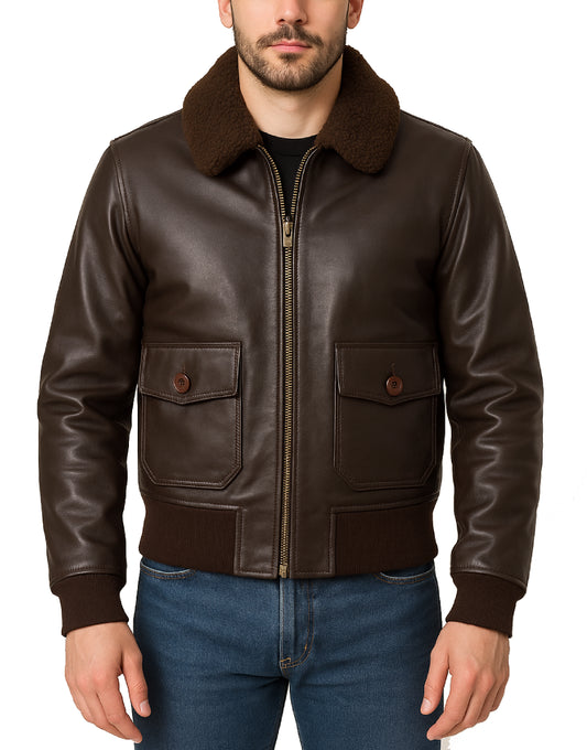 Shearling Collar Brown Flight Leather Jacket For Men