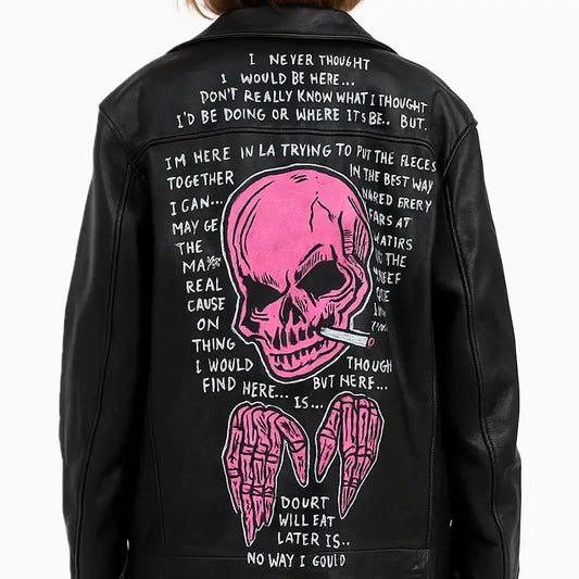 Asymmetrical Black Leather Jacket with Skull Art for Women