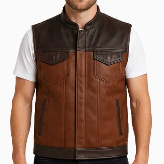 Vintage Style Real Leather Brown Biker Vest For Men