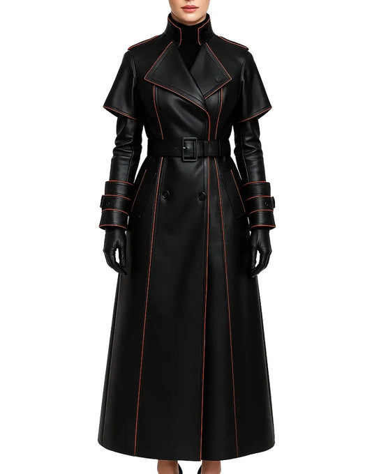 Witch Style Womens Black with Orange Lining Leather Trench Coat