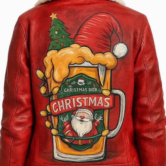 Women Red Leather Jacket with Chilled Beer Hand Painted Art