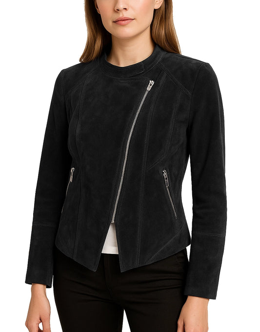 Women Motorcycle Black Suede Leather Jacket