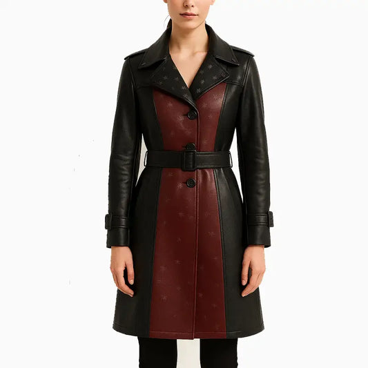 Women’s Black and Burgundy Belted Trench Style Leather Coat