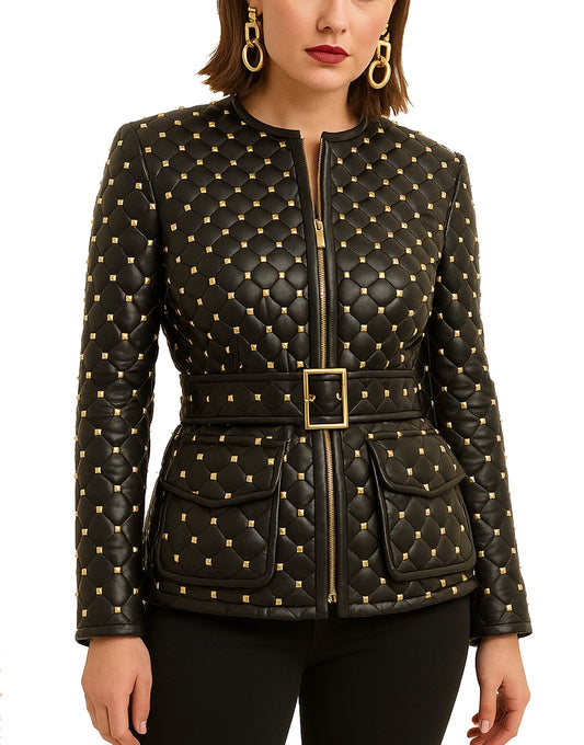 Women’s Gold Studded Leather Jacket In Black