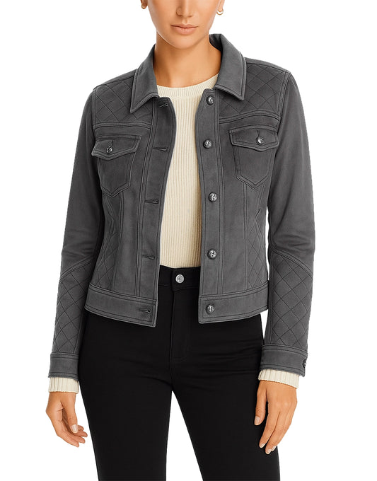 Women’s Suede Trucker Gray Leather Quilted Jacket