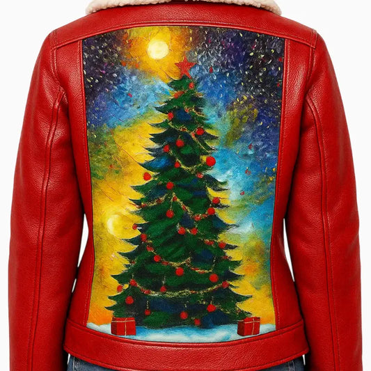 Women’s Xmas Style Red Asymmetical Hand Painted Leather Jacket