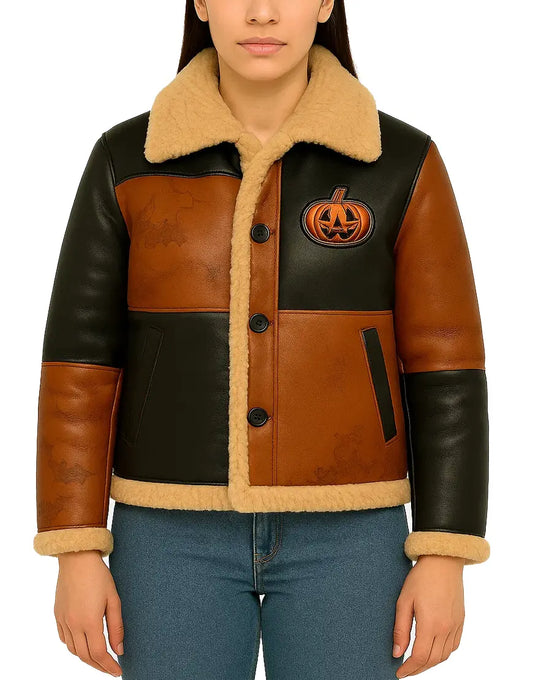 Womens Block Color Halloween Pumpkin Patch Shearling Leather Jacket