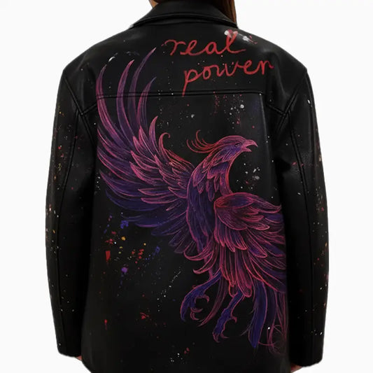 Women’s Flying Phoenix Painted Art Black Leather Jacket