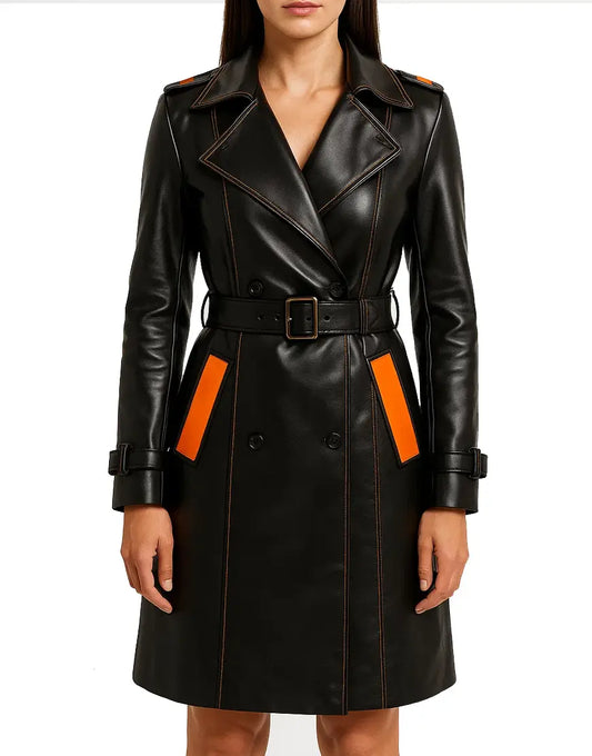 Womens Halloween Black Leather Trench Coat