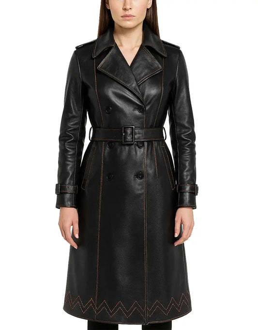 Womens Halloween Solid Black With Thread Lining Leather Trench Coat