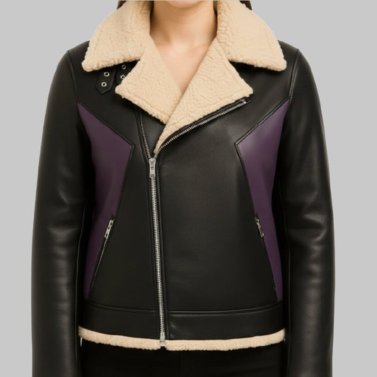 WomensVampireStyleBlackWithPurpleShearlingLeatherBomberJacket