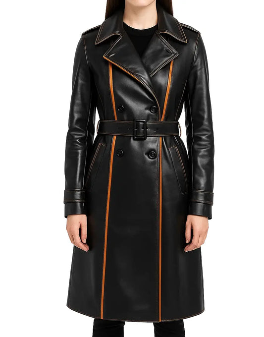Womens Witch Style Black With Orange Lining Leather Trench Coat