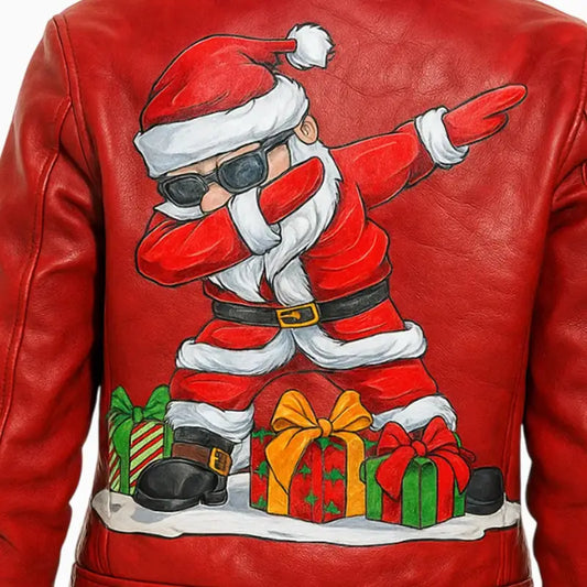 Xmas Hand Painted Dab Santa Style Leather Jacket for Women