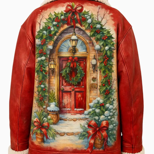 Xmas Hand Painted Red Leather Jacket for Women