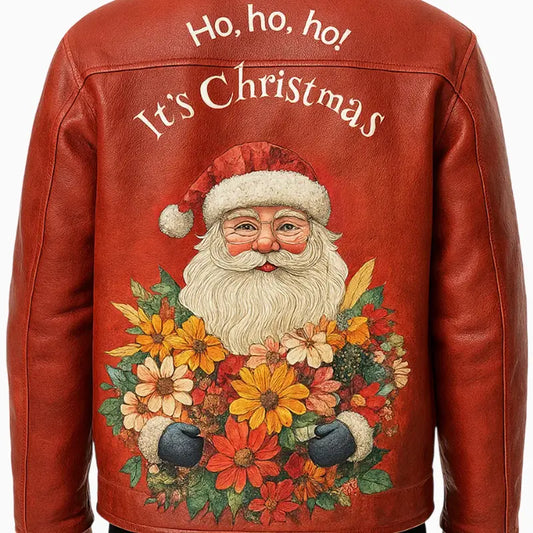 Xmas Floral Santa Hand Painted Leather Jacket