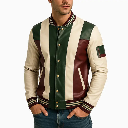 100% Sheepskin Color Block Bomber Leather Jackets for Men