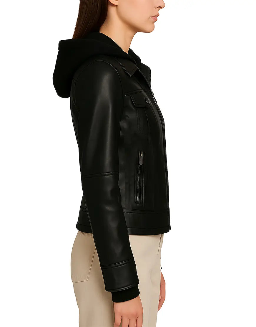 Real Leather Women’s Removable Hood Black Bomber Jacket side view UEJ-WBMBR-0002-BLK