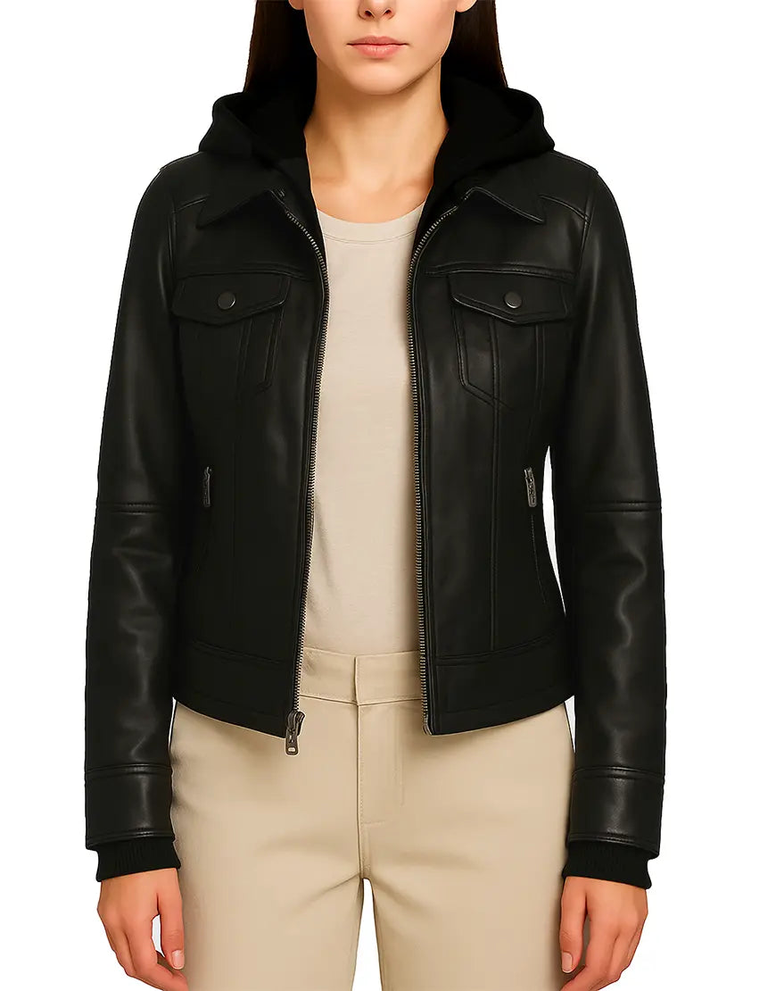 Real Leather Women’s Removable Hood Black Bomber Jacket front open view UEJ-WBMBR-0002-BLK